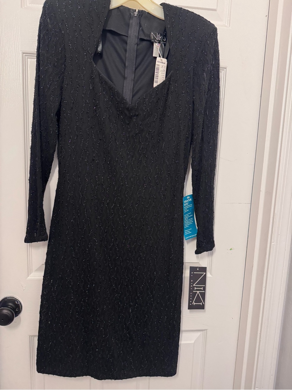 Niki Lavis Black Beaded Long-Sleeve Cocktail Dress with shoulder pads. 14 on tag